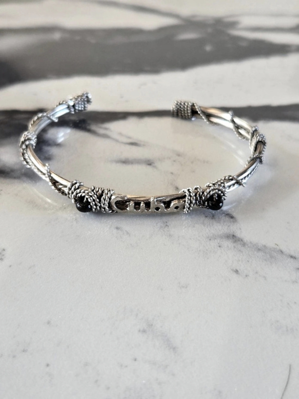 Cuba Souvenir Silver-Tone Wire Wrapped Cuff Bracelet with Black Beads